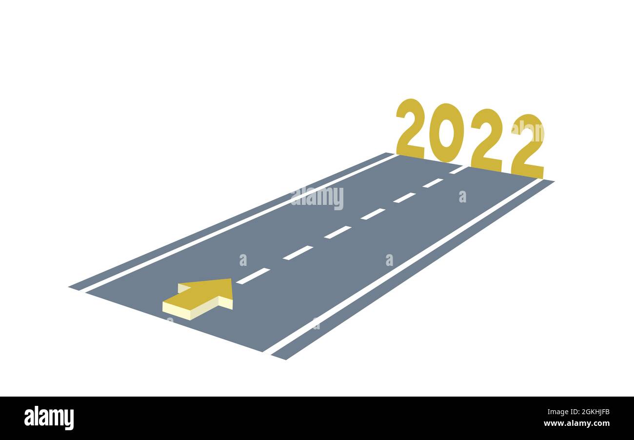 nuovo anno è in arrivo, numeri 2022 all'orizzonte alla fine di una strada, 3d vista illustrazione isolato su bianco Foto Stock