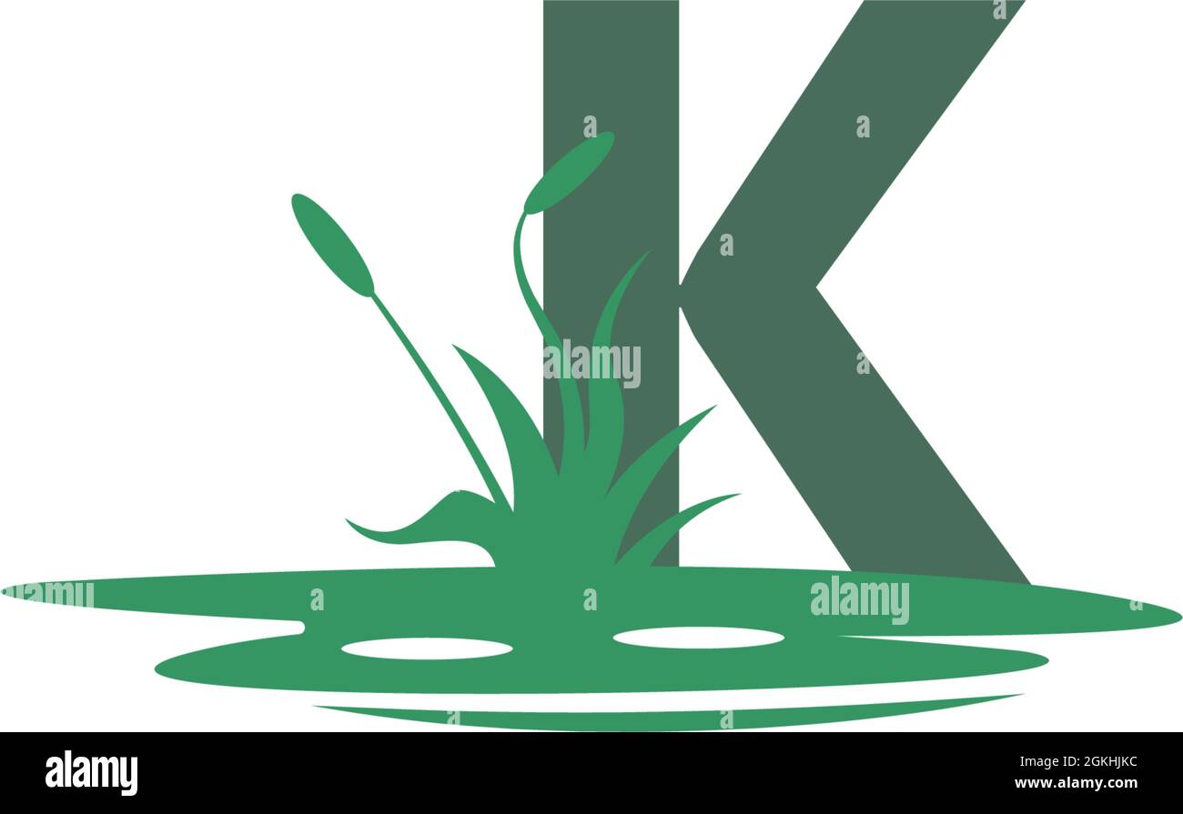 Illustrazione della lettera K dietro le pozzanghere e la sagoma dell'erba Illustrazione Vettoriale