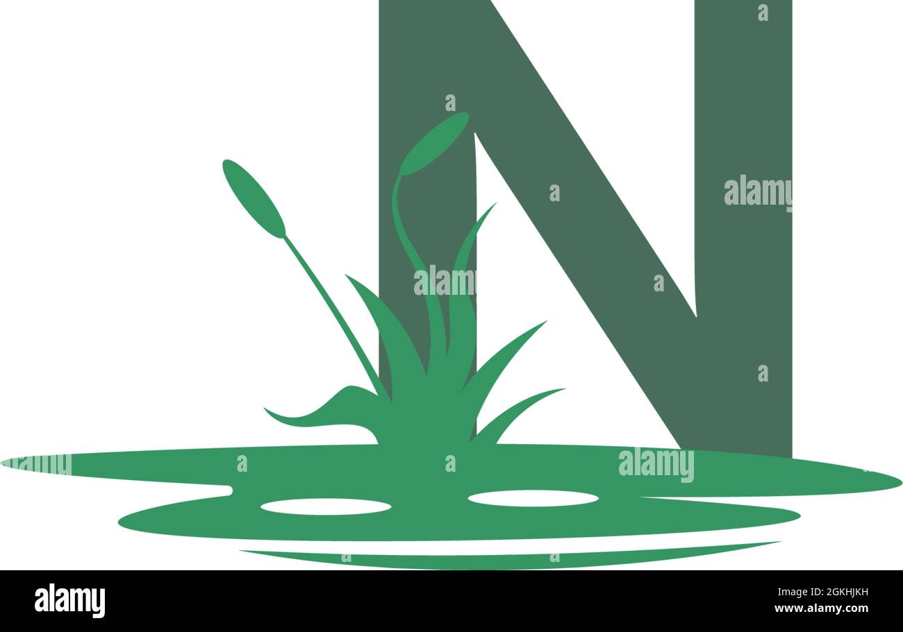 Lettera N dietro le pozzanghere e l'illustrazione della sagoma dell'erba Illustrazione Vettoriale