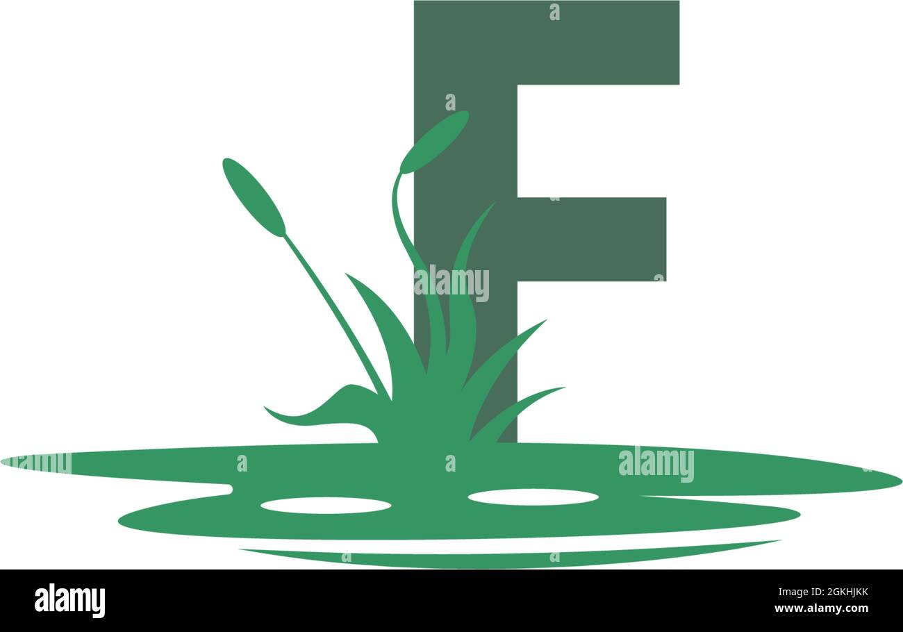Illustrazione della lettera F dietro le pozzanghere e la sagoma dell'erba Illustrazione Vettoriale