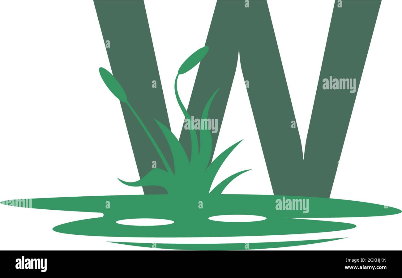 Illustrazione della lettera W dietro le pozzanghere e la sagoma dell'erba Illustrazione Vettoriale