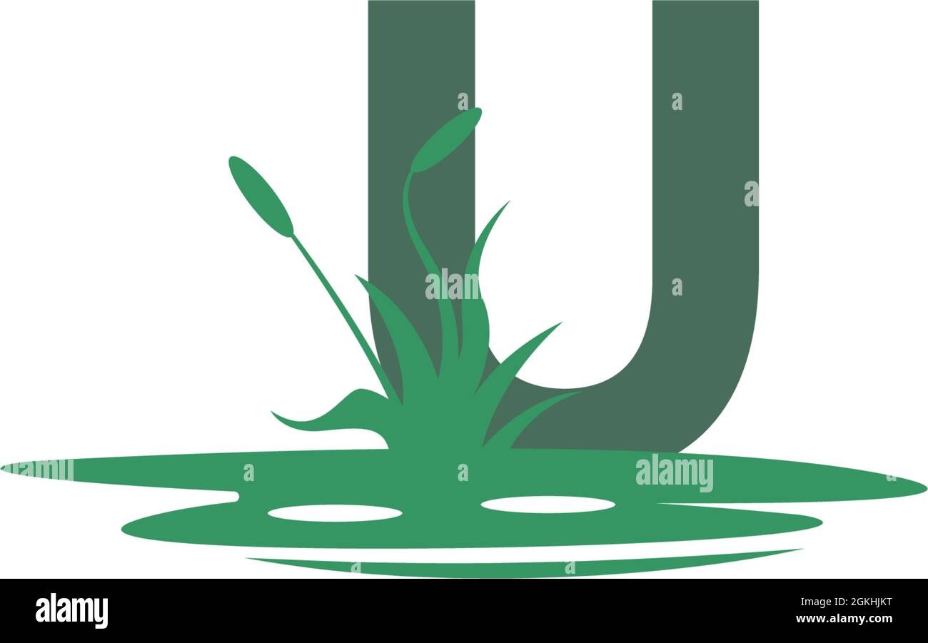 Illustrazione della lettera U dietro le pozzanghere e della sagoma dell'erba Illustrazione Vettoriale