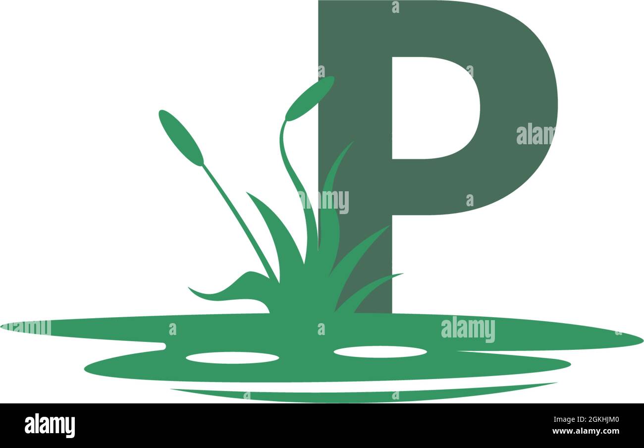 Illustrazione della lettera P dietro le pozzanghere e la sagoma dell'erba Illustrazione Vettoriale