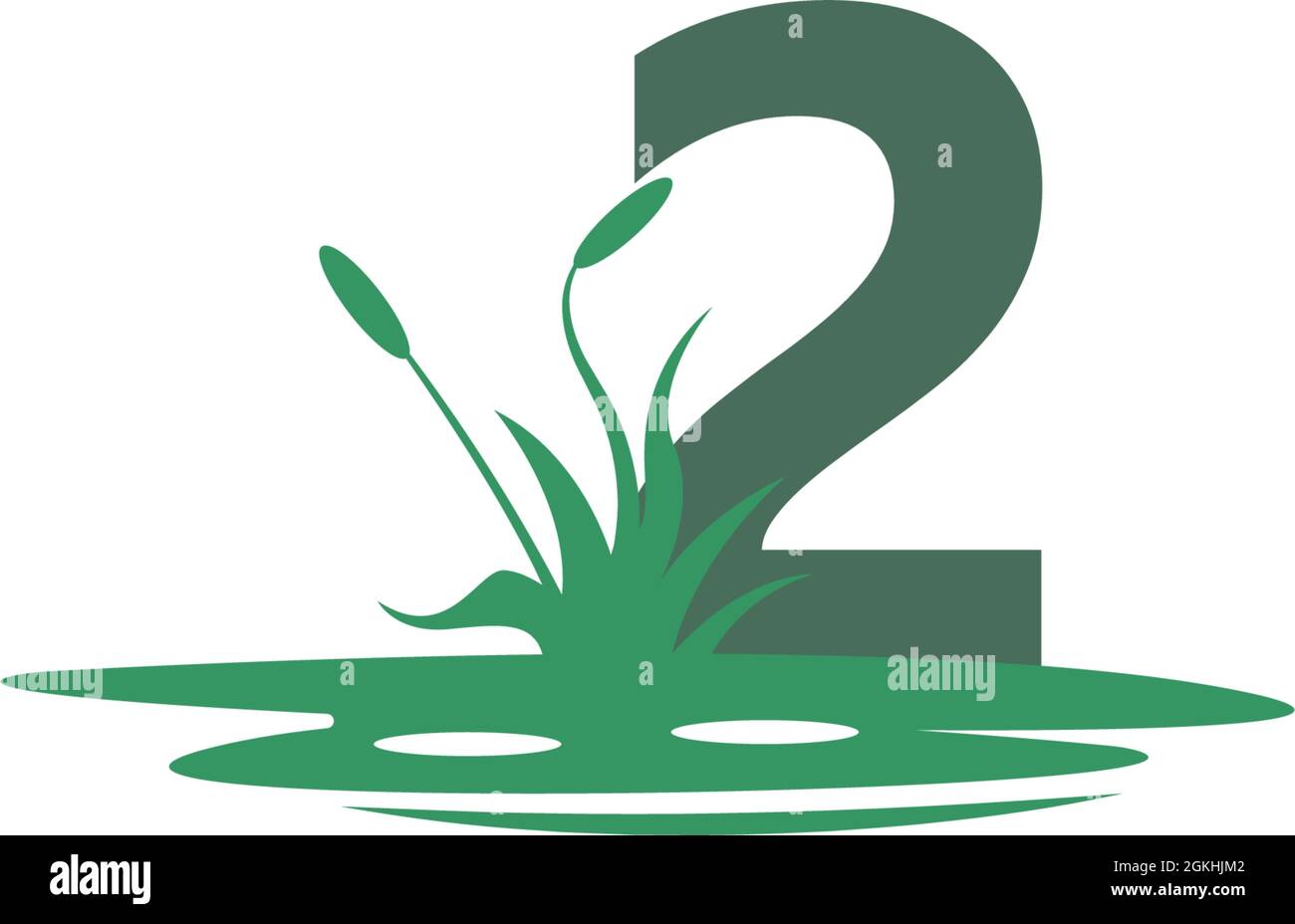 Numero 2 dietro le pozzanghere e l'illustrazione della sagoma dell'erba Illustrazione Vettoriale
