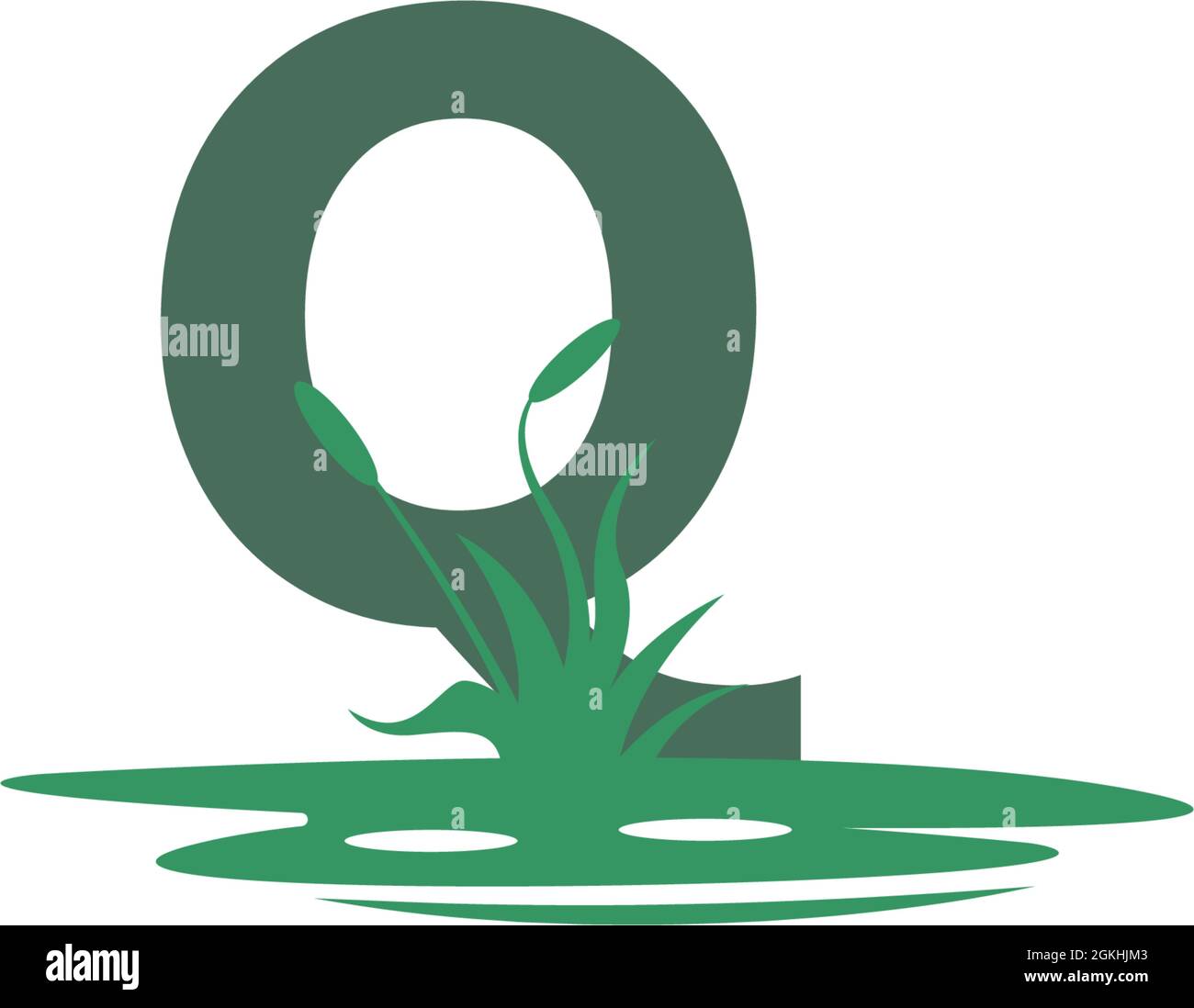 Illustrazione della lettera Q dietro le pozzanghere e la sagoma dell'erba Illustrazione Vettoriale