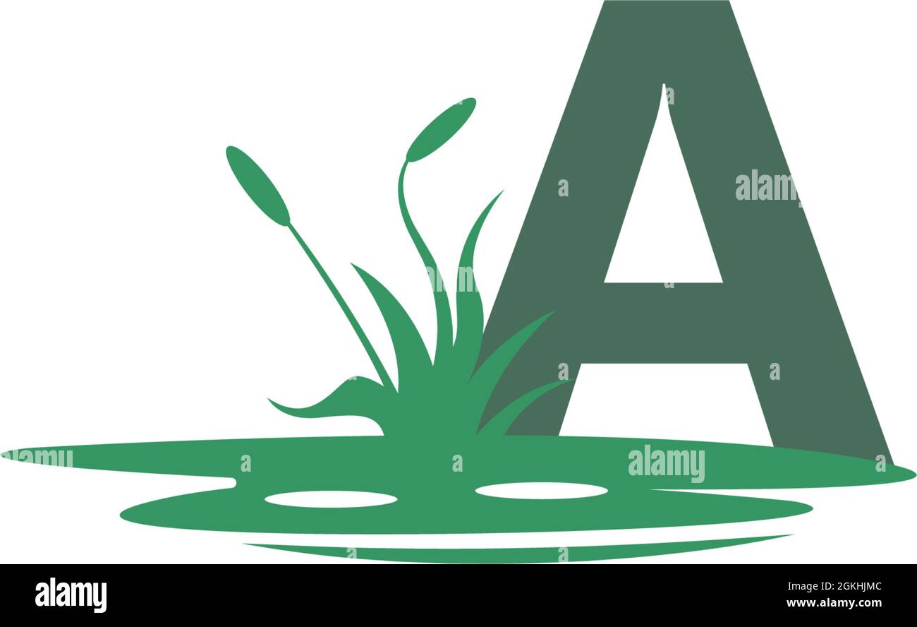 Lettera A dietro le pozzanghere e l'illustrazione della sagoma dell'erba Illustrazione Vettoriale