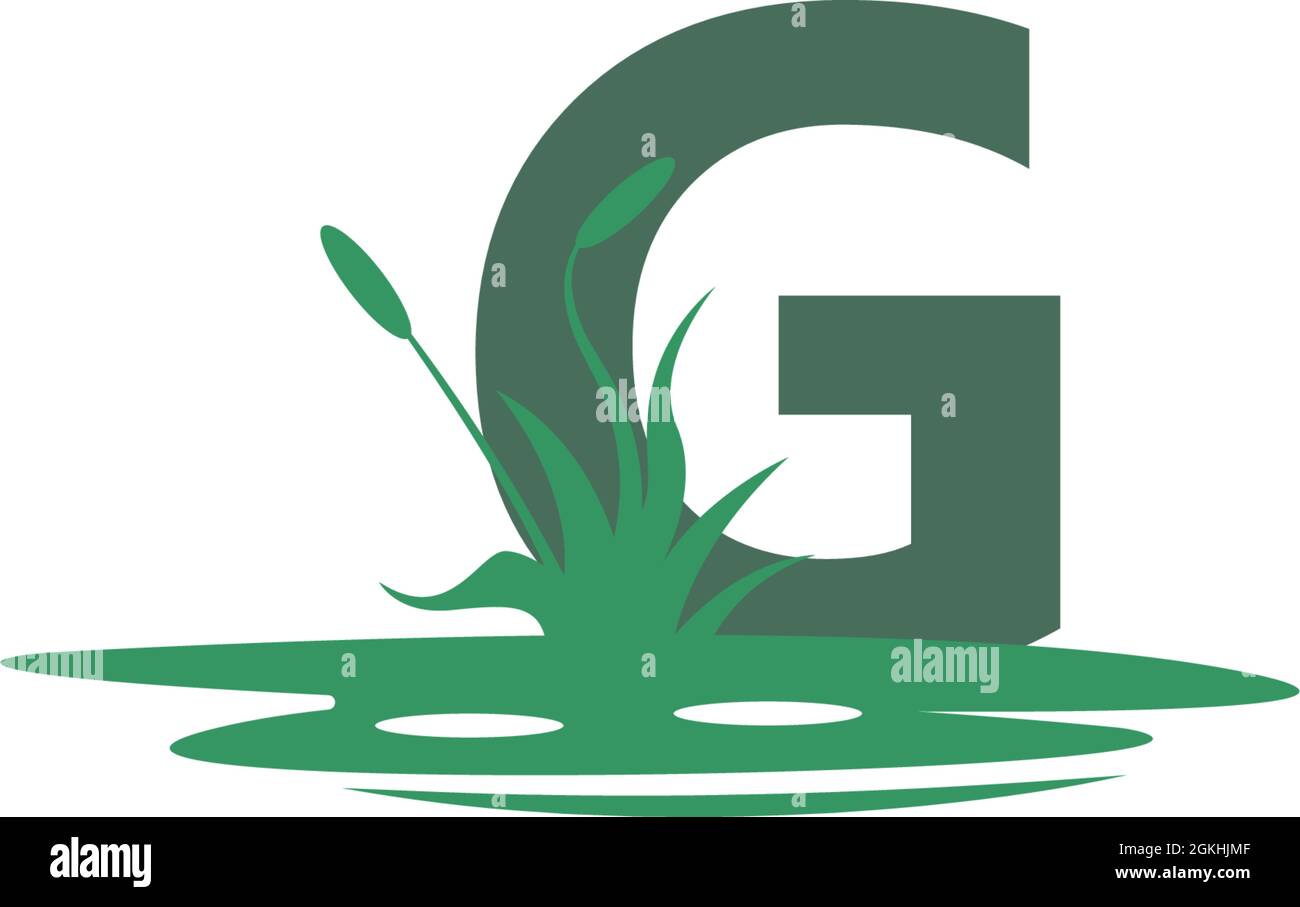 Illustrazione della lettera G dietro le pozzanghere e la sagoma dell'erba Illustrazione Vettoriale