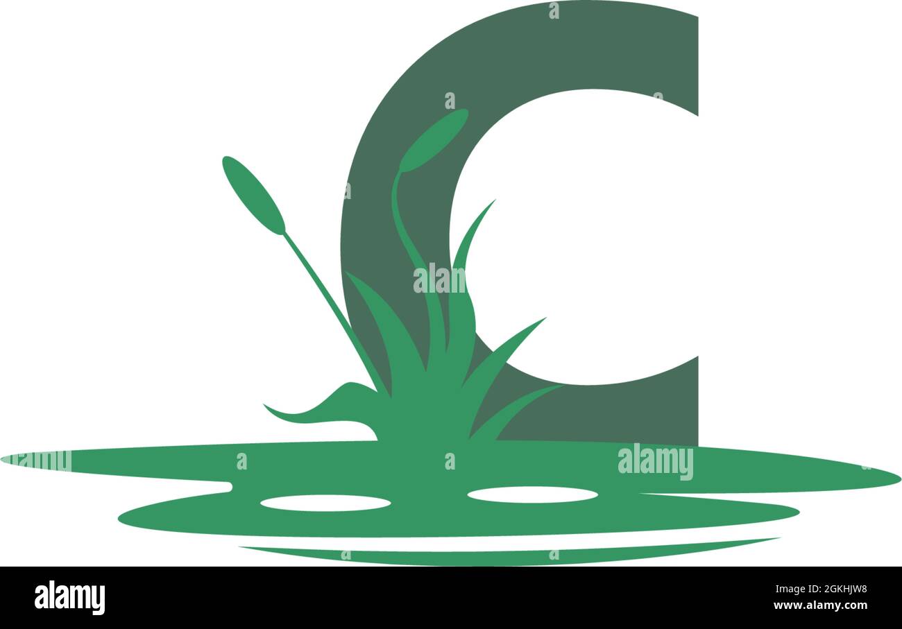 Illustrazione della lettera C dietro le pozzanghere e la sagoma dell'erba Illustrazione Vettoriale