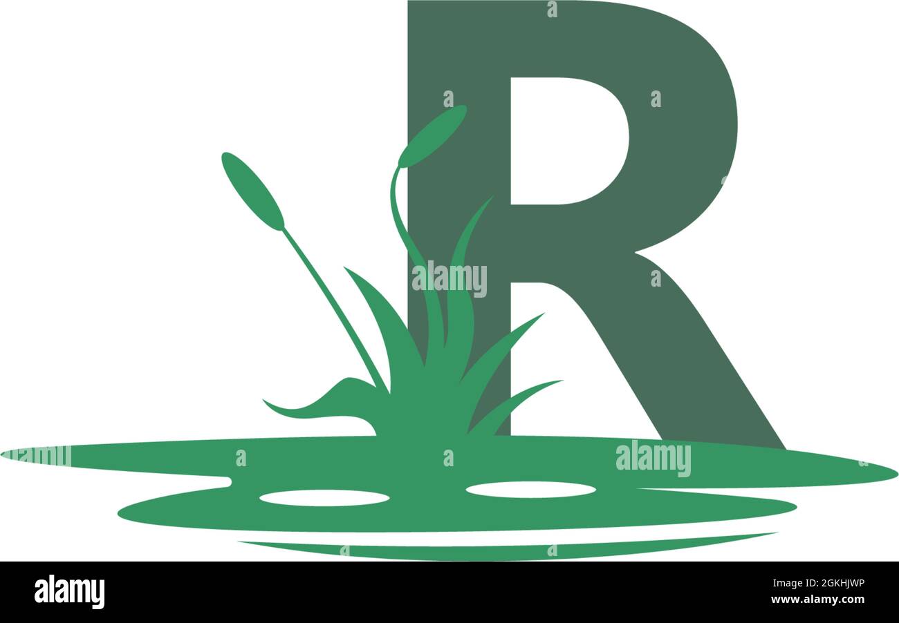 Illustrazione della lettera R dietro le pozzanghere e la sagoma dell'erba Illustrazione Vettoriale