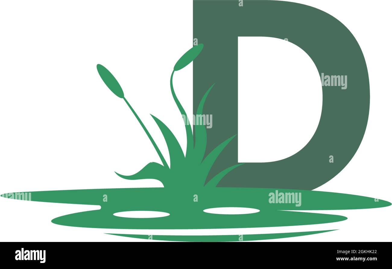 Illustrazione della lettera D dietro le pozzanghere e la sagoma dell'erba Illustrazione Vettoriale