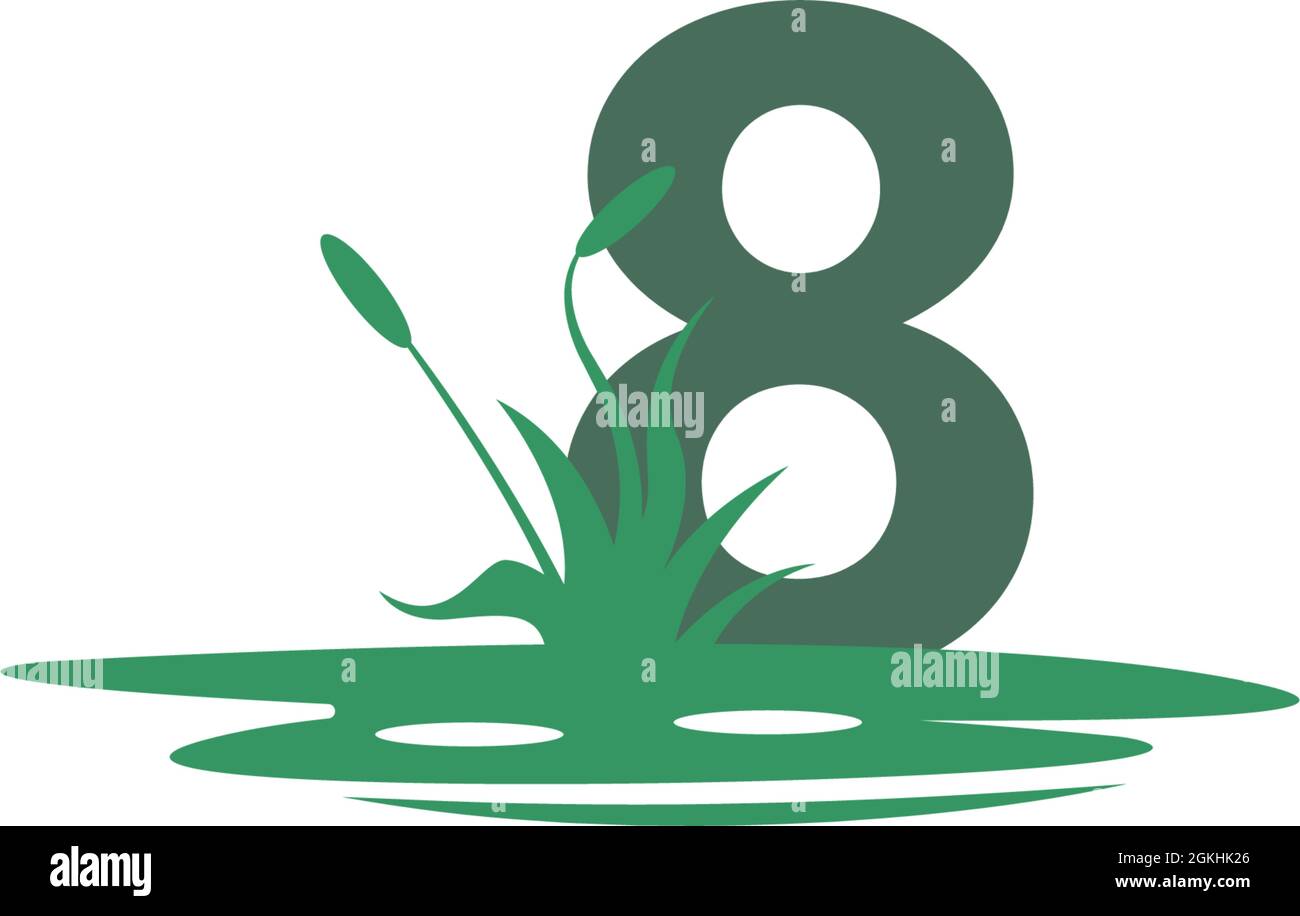 Numero 8 dietro le pozzanghere e l'illustrazione della sagoma dell'erba Illustrazione Vettoriale