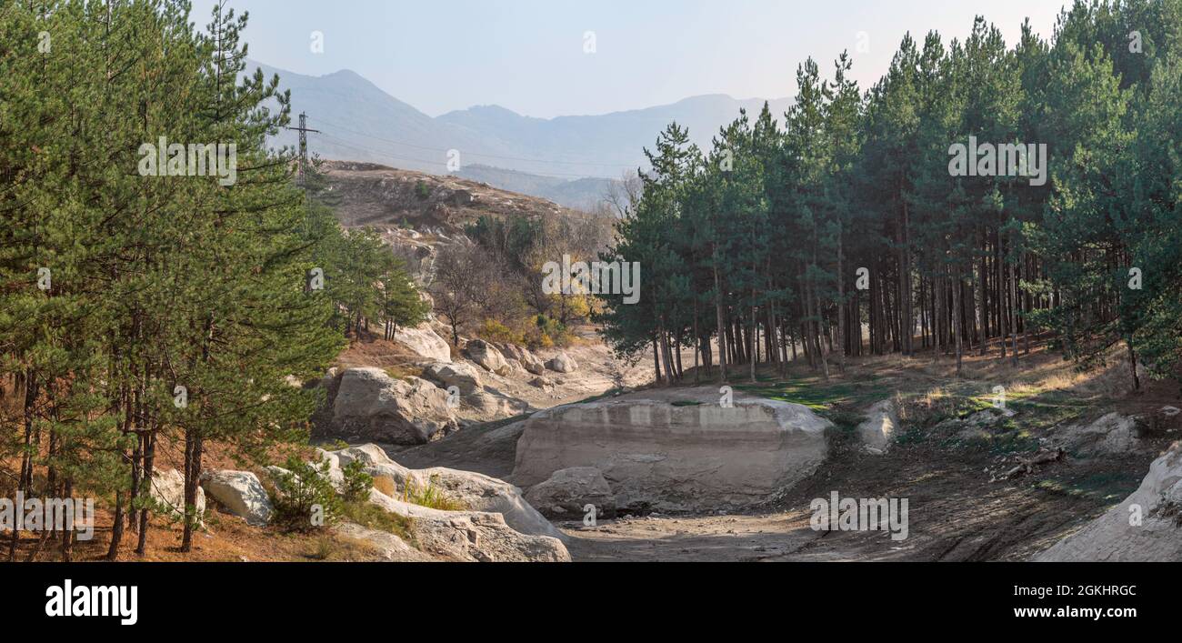 Vista panoramica di un letto di fiume secco che attraversa foreste di pini, rocce e montagne nel sud della Bulgaria Foto Stock