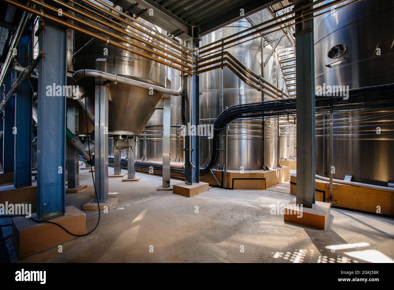 Grandi vasche per la fermentazione nella moderna cantina. Foto Stock