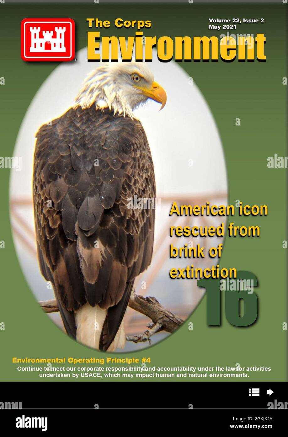 Questa edizione del Corps Environment evidenzia il principio di funzionamento ambientale #4, continuare a soddisfare la nostra responsabilità aziendale e responsabilità ai sensi della legge per le attività intraprese da USACE, che possono avere un impatto sugli ambienti umani e naturali. Contiene articoli, tra cui: Protezione, conservazione e ripristino dell'ambiente (un commento di EnviroPoint del Colr. Alicia M. Masson, comandante, comando ambientale dell'Esercito degli Stati Uniti); contributi alla strategia delle installazioni dell'Esercito; razionalizzazione del processo di analisi ambientale; Engineering con il lancio del libro Nature; Army Environmental Awards; Bald e. Foto Stock