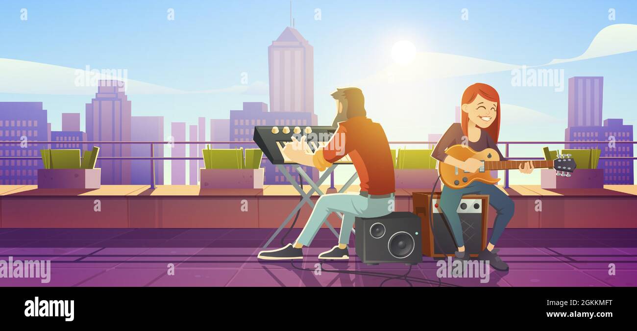 La cantante che suona la chitarra sul tetto dell'edificio suona musica dal vivo. Ragazza artista canto canzone, uomo che suona sintetizzatore accompagnare composizione musicale, spettacolo sul tetto, Cartoon vettore illustrazione Illustrazione Vettoriale