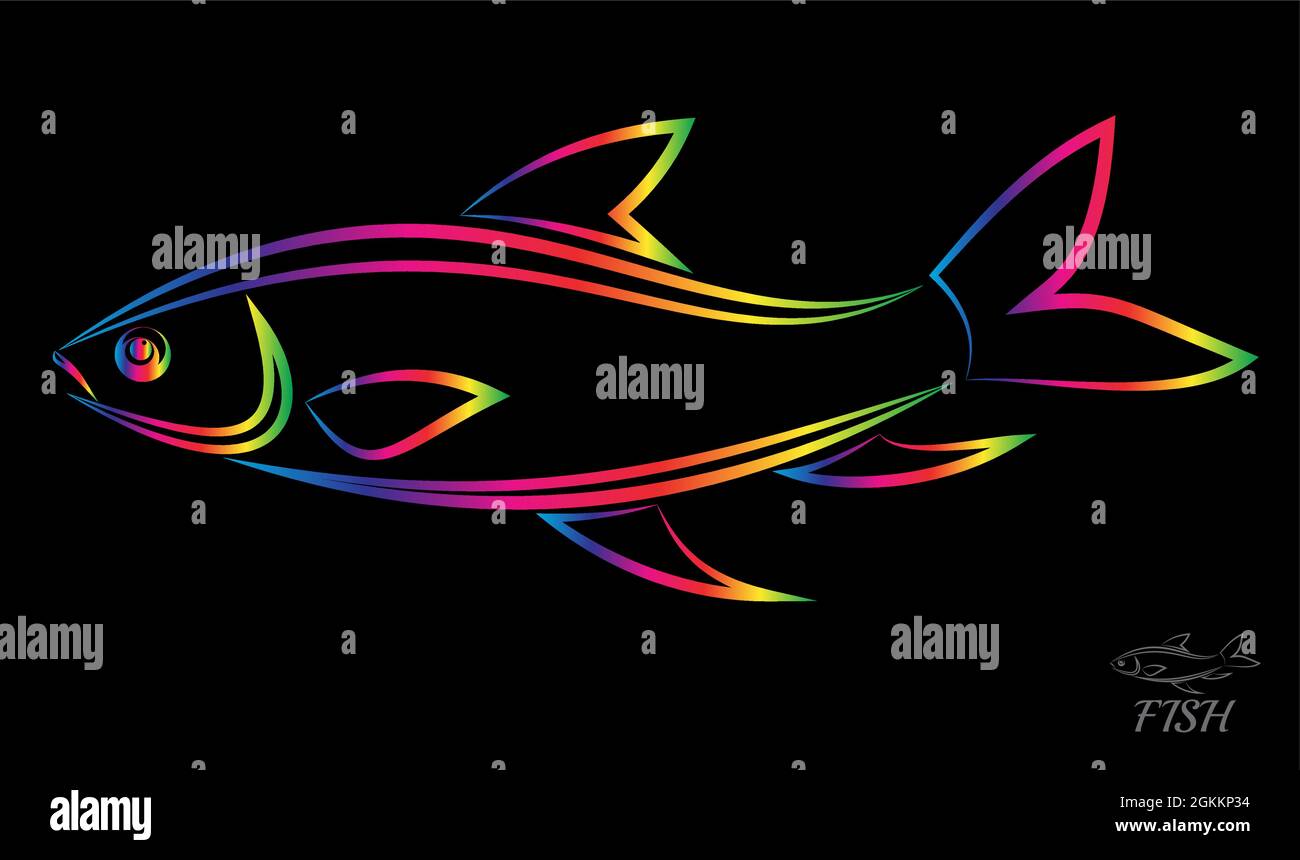Immagine vettoriale di un pesce su sfondo nero. Illustrazione vettoriale a livelli facilmente modificabile. Animali selvatici. Animale da fattoria. Illustrazione Vettoriale