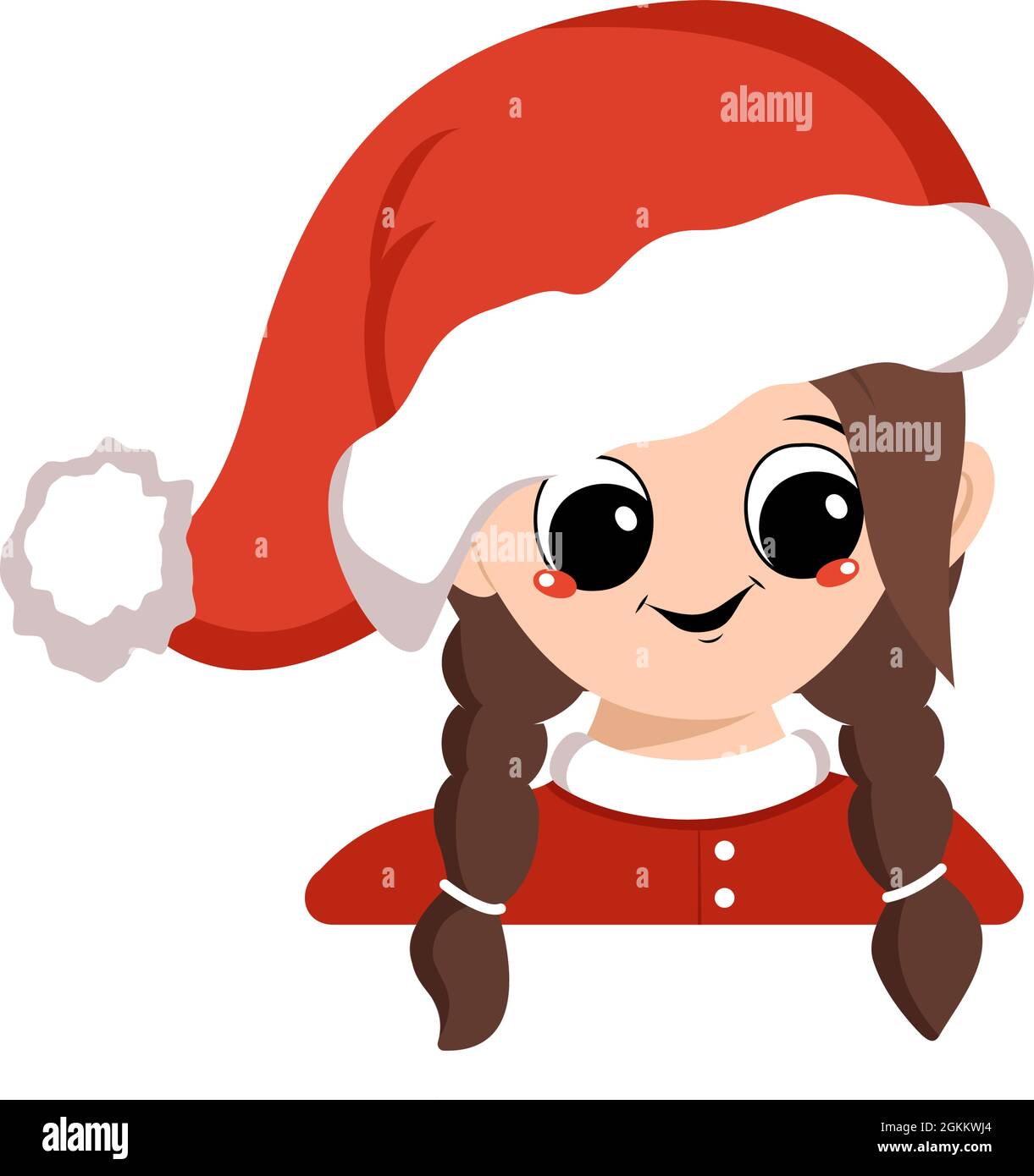 Avatar di una ragazza con occhi grandi e un ampio sorriso felice in un cappello rosso di Santa. Carino ragazzo con un volto gioioso in un costume festivo per Capodanno e Natale. Capo di adorabile bambino con gioie emozioni Illustrazione Vettoriale