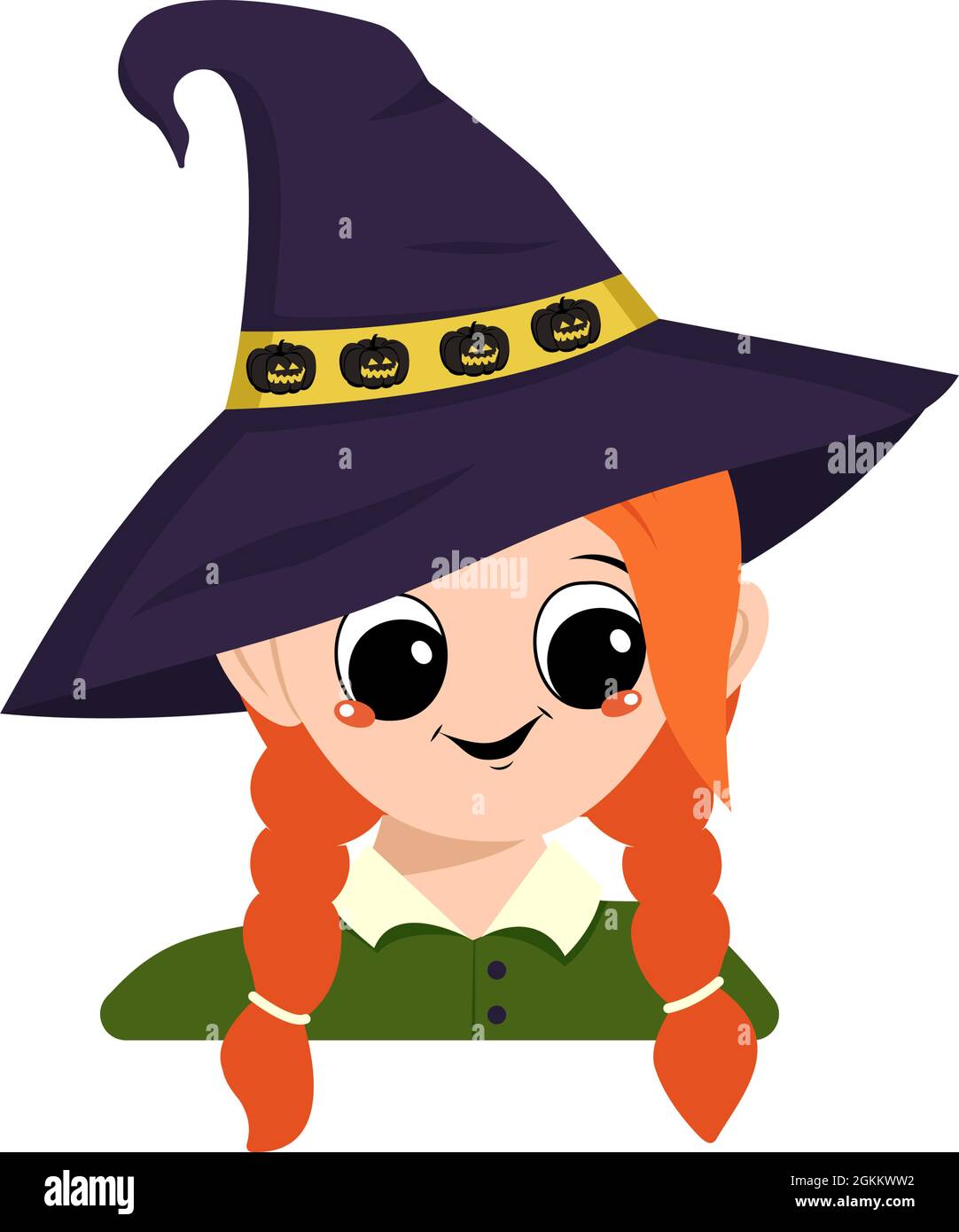 Avatar di una ragazza con capelli rossi, occhi grandi, bicchieri e un ampio sorriso felice in un cappello strega appuntito con una zucca. La testa di un bambino con un volto gioioso. Decorazione di festa di Halloween Illustrazione Vettoriale