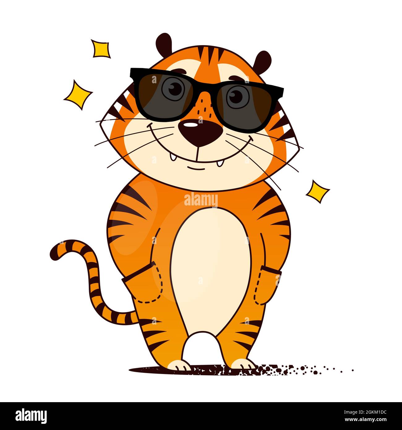 Tigre fumetto fresco in occhiali da sole, mani in tasche. Simbolo di 2021. Illustrazione vettoriale Illustrazione Vettoriale