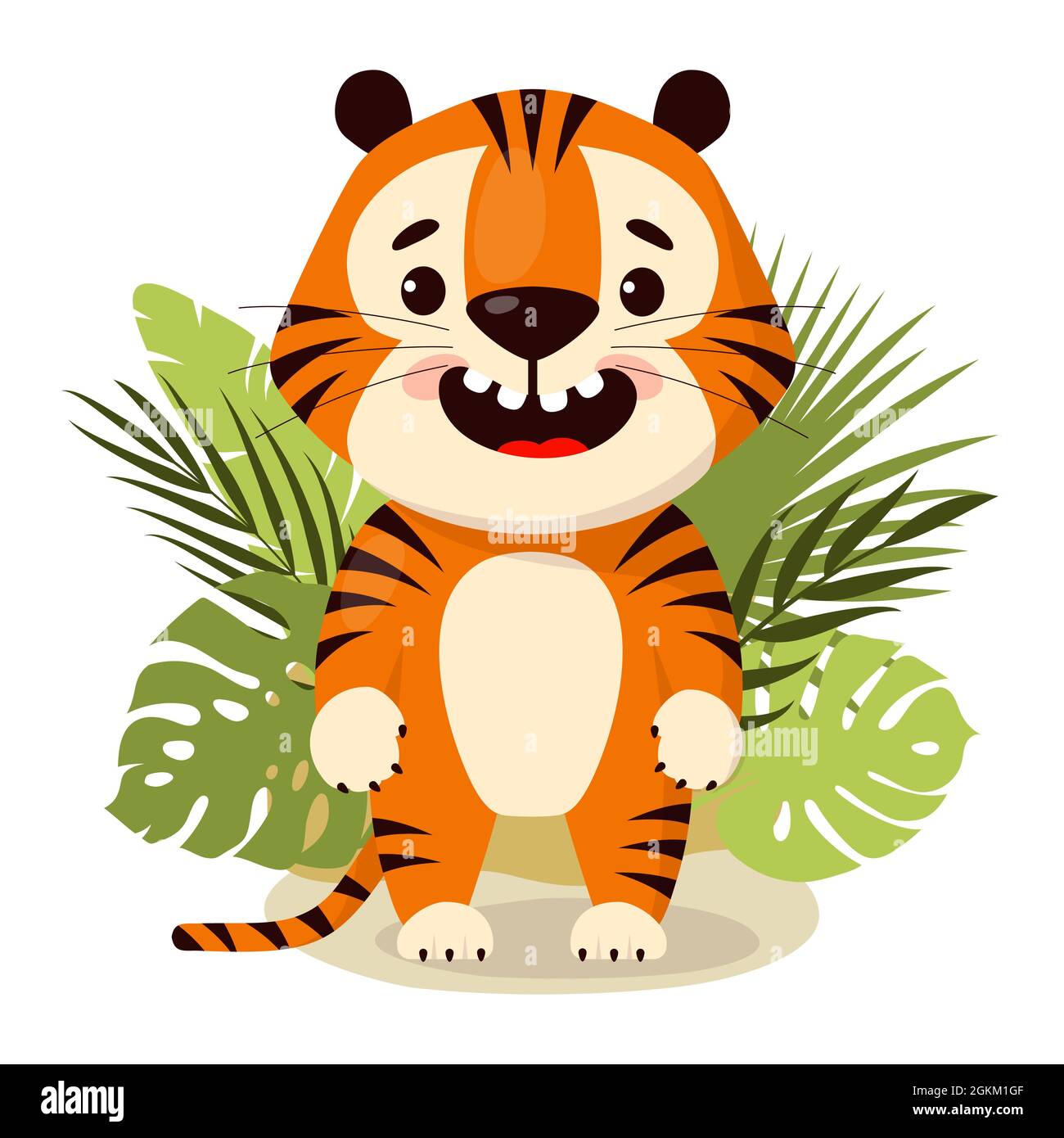 Carino tigre cartoon con foglie di palma, illustrazione vettoriale. Illustrazione Vettoriale
