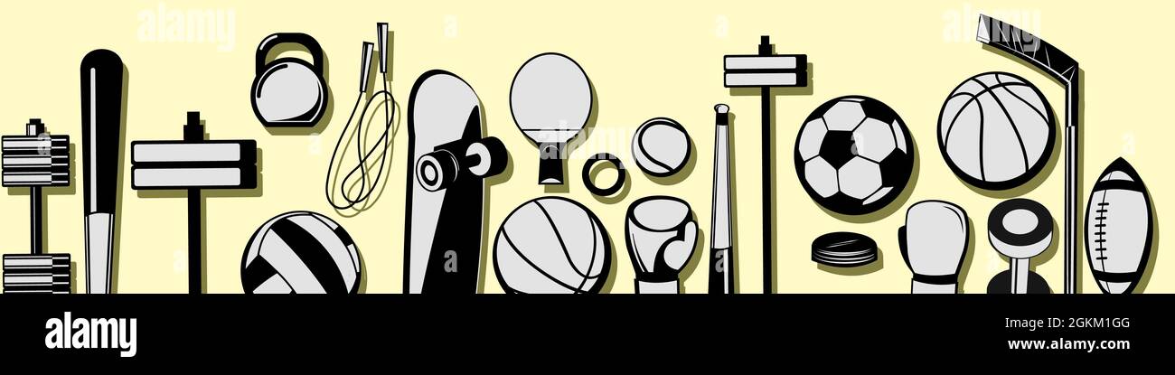 Attrezzature sportive per atleti. Bordo orizzontale inferiore senza giunture. Set di attrezzi. Vettore. Illustrazione Vettoriale