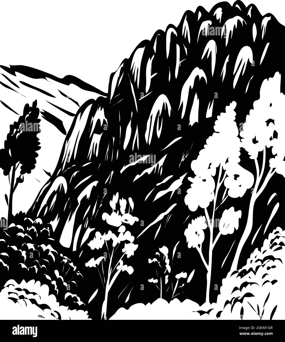 WPA poster monocromatico arte del Pinnacles National Park situato a est della valle di Salinas in California centrale Stati Uniti fatto in opere progetto amministrazione Illustrazione Vettoriale