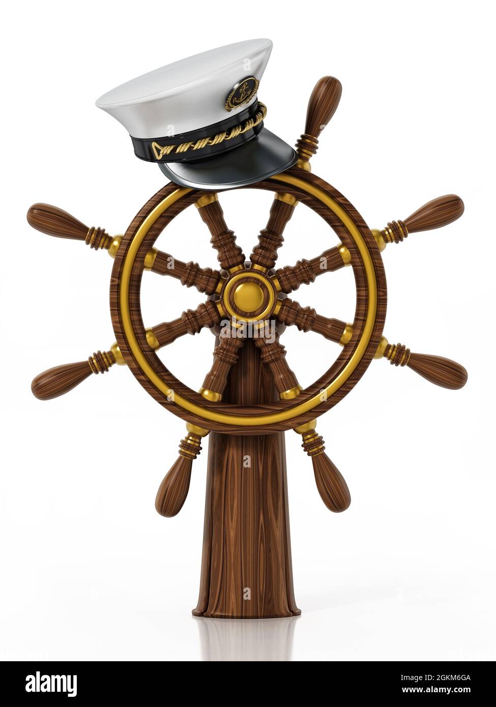 Ruota della nave e cappello del capitano isolato su sfondo bianco. Illustrazione 3D. Foto Stock