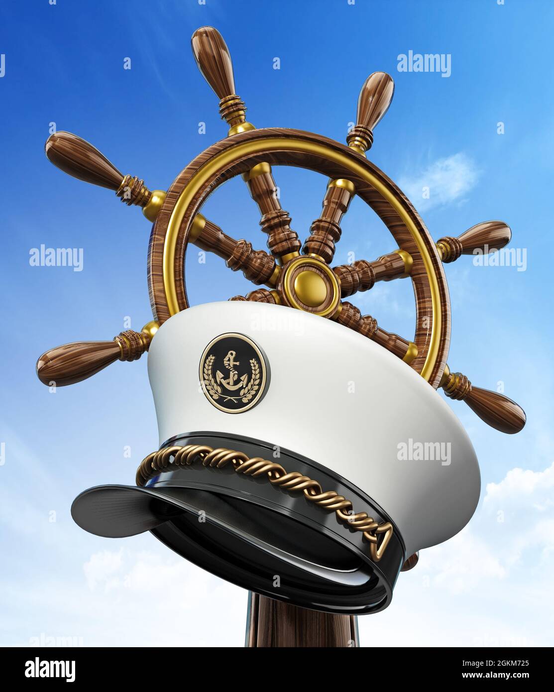 Ruota della nave e cappello del capitano sullo sfondo blu del cielo. Illustrazione 3D. Foto Stock