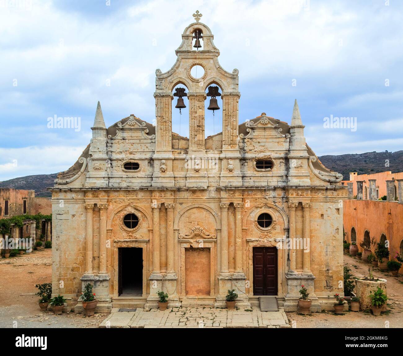 Arkadia monastero vista frontale Facadde a Creta, Grecia Foto Stock