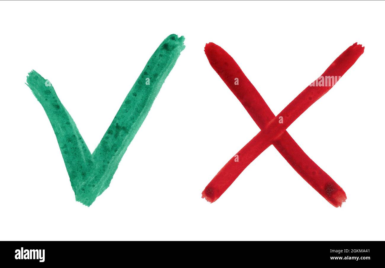 segno di spunta verde e croce rossa su sfondo bianco Foto Stock