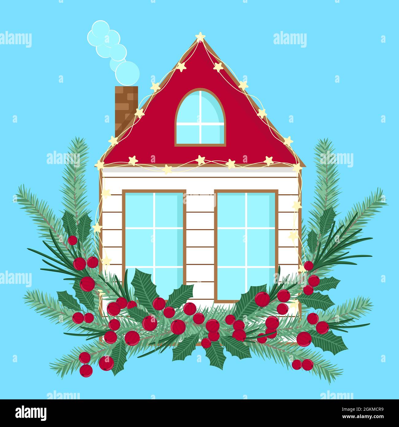 Casa d'inverno decorata con rami di abete, bacche e luci. Festa di Capodanno e casa di Natale con ghirlone. Fiaba invernale, accogliente cottage carino, Illustrazione Vettoriale