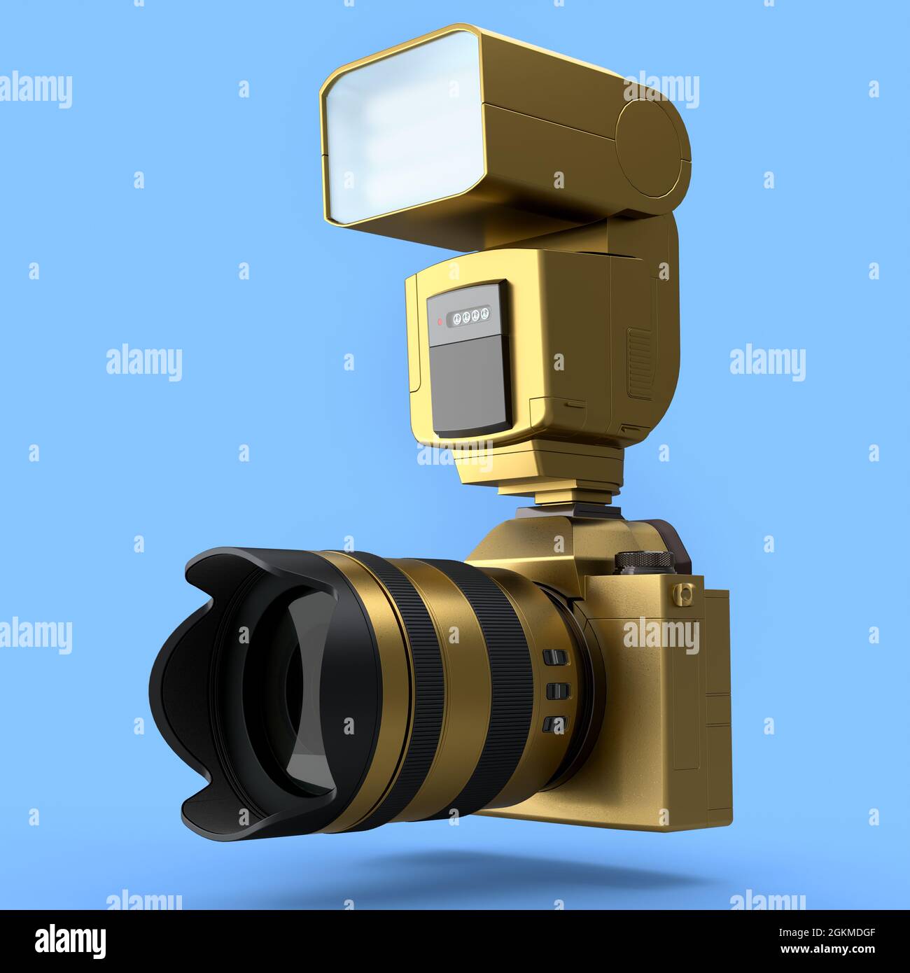 Concetto di inesistente oro DSLR fotocamera con obiettivo e flash esterno speedlight isolato su sfondo blu. Rendering 3D della fotografia professionale Foto Stock