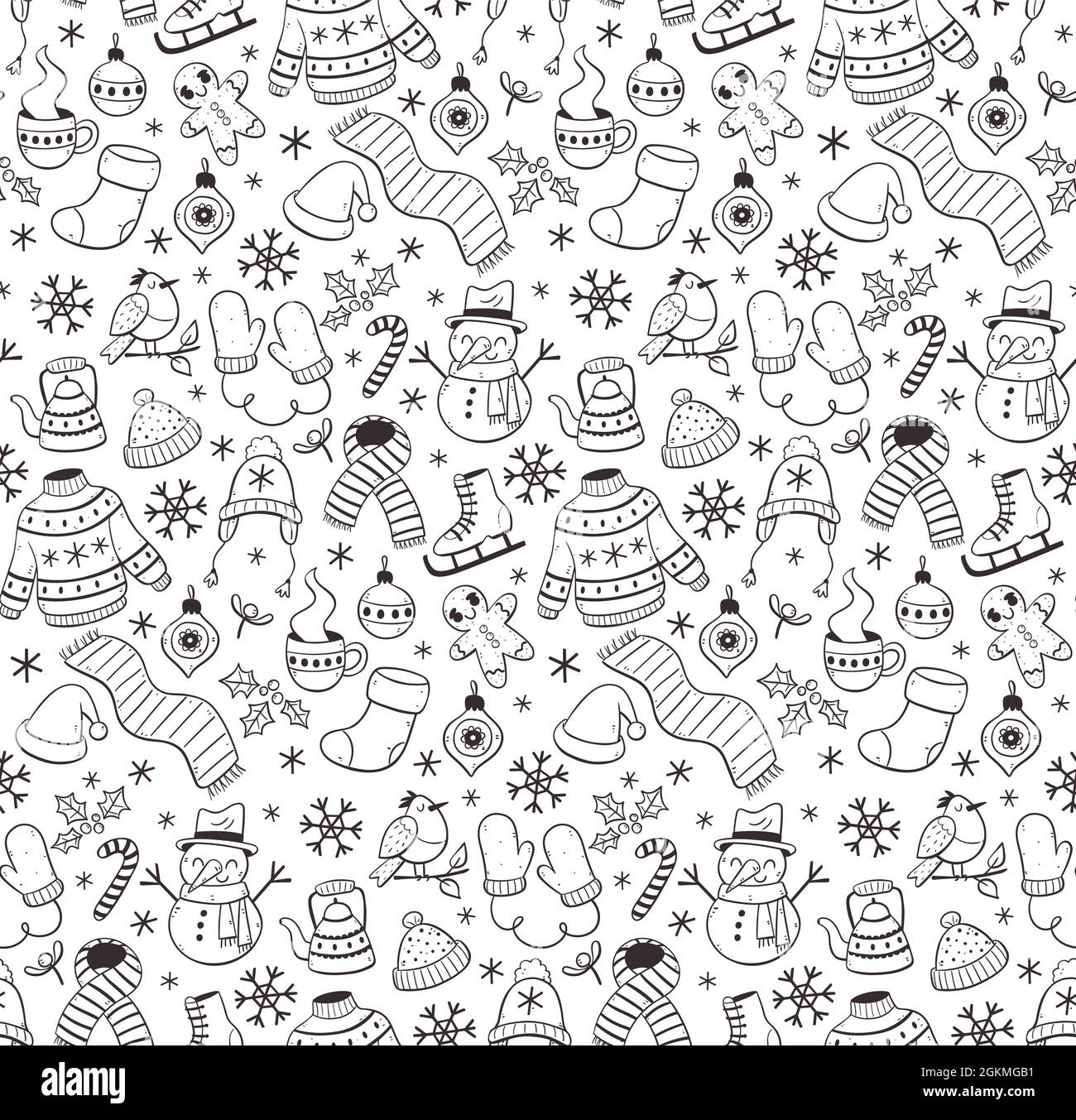 Disegno a mano invernale senza cuciture con elementi invernali. Abbigliamento invernale, pupazzo di neve, uccelli, foglie e decorazioni natalizie. Illustrazione del vettore Doodle. Illustrazione Vettoriale