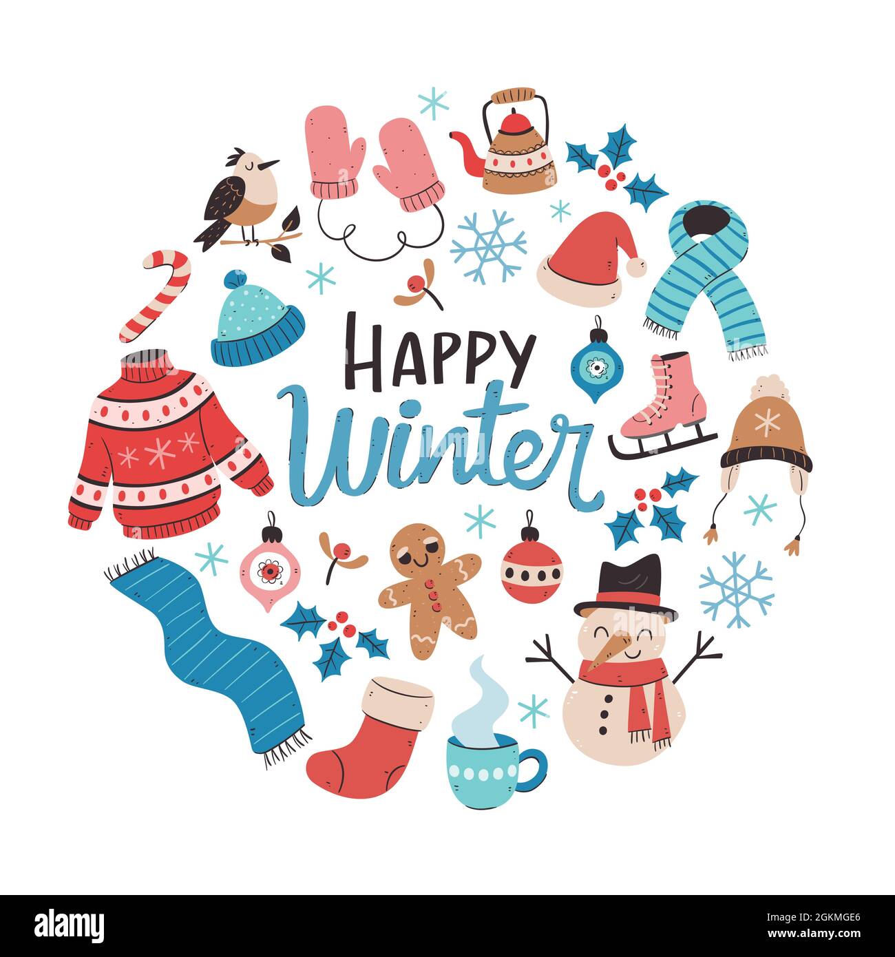 Carta invernale disegnata a mano con elementi invernali. Abbigliamento invernale, pupazzo di neve, uccelli, foglie e decorazioni natalizie. Illustrazione vettoriale colorata con isolat Illustrazione Vettoriale