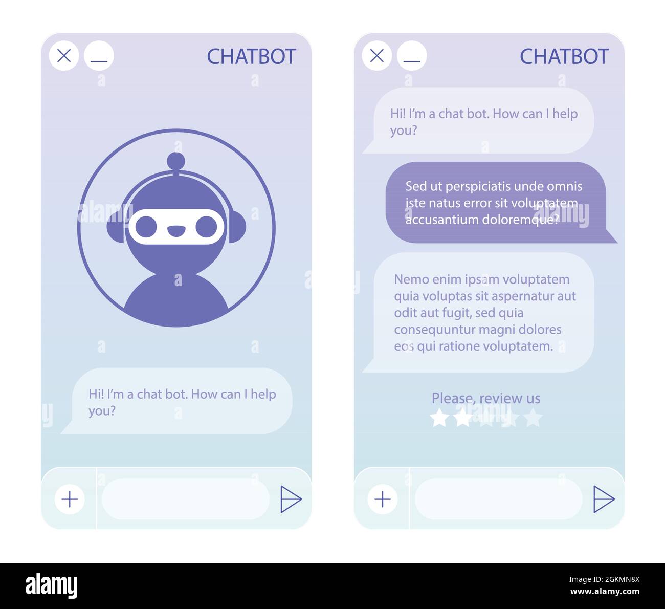 Finestra di chat bot con pagina iniziale. Interfaccia utente dell'applicazione con finestra di dialogo in linea. Conversazione con un assistente robot Illustrazione Vettoriale