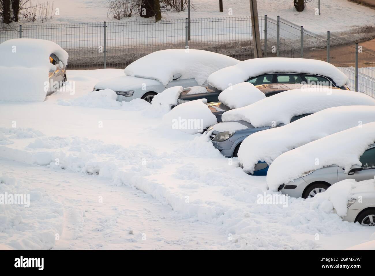 Auto sotto coperta spessa di neve dopo tempesta. Veicoli interrati sotto ghiaccio. Nessuno Foto Stock