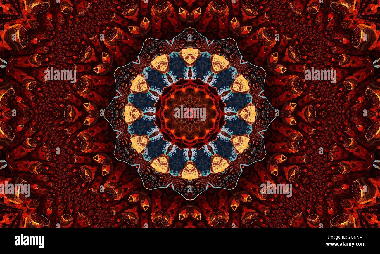 Caleidoscopio allo zenzero. Carta da parati groovy. Zenzero ripetere Batik. Colore geometrico nero. Orrore psichedelico mistico. Rug geometrico bianco. Wa Mystic senza giunture Foto Stock