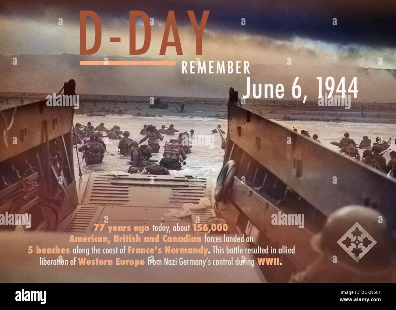 Un grafico è fatto in Adobe Photoshop per ricordare D-Day a Fort Carson, Colorado, 3 giugno 2021. 77 anni fa, circa 156,000 forze americane, britanniche e canadesi sbarcarono su 5 spiagge lungo la costa della Normandia della Francia. Questa battaglia ha portato alla liberazione alleata dell’Europa occidentale dal controllo della Germania nazista durante la seconda guerra mondiale. Foto Stock