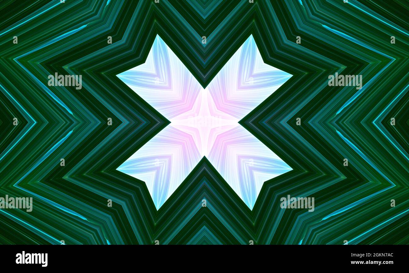 Croce rosa sul dorso verde. Ornamento semplice con piccole silhouette floreali, forme di diamanti, croci, frecce, griglia. Sfondo astratto in rosa, ro Foto Stock