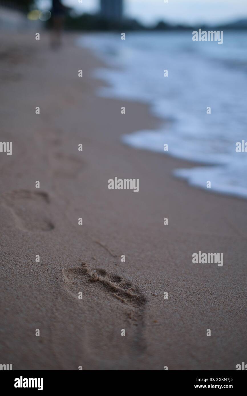 Orme umane (e la persona stessa) sulla spiaggia incontaminata Foto Stock
