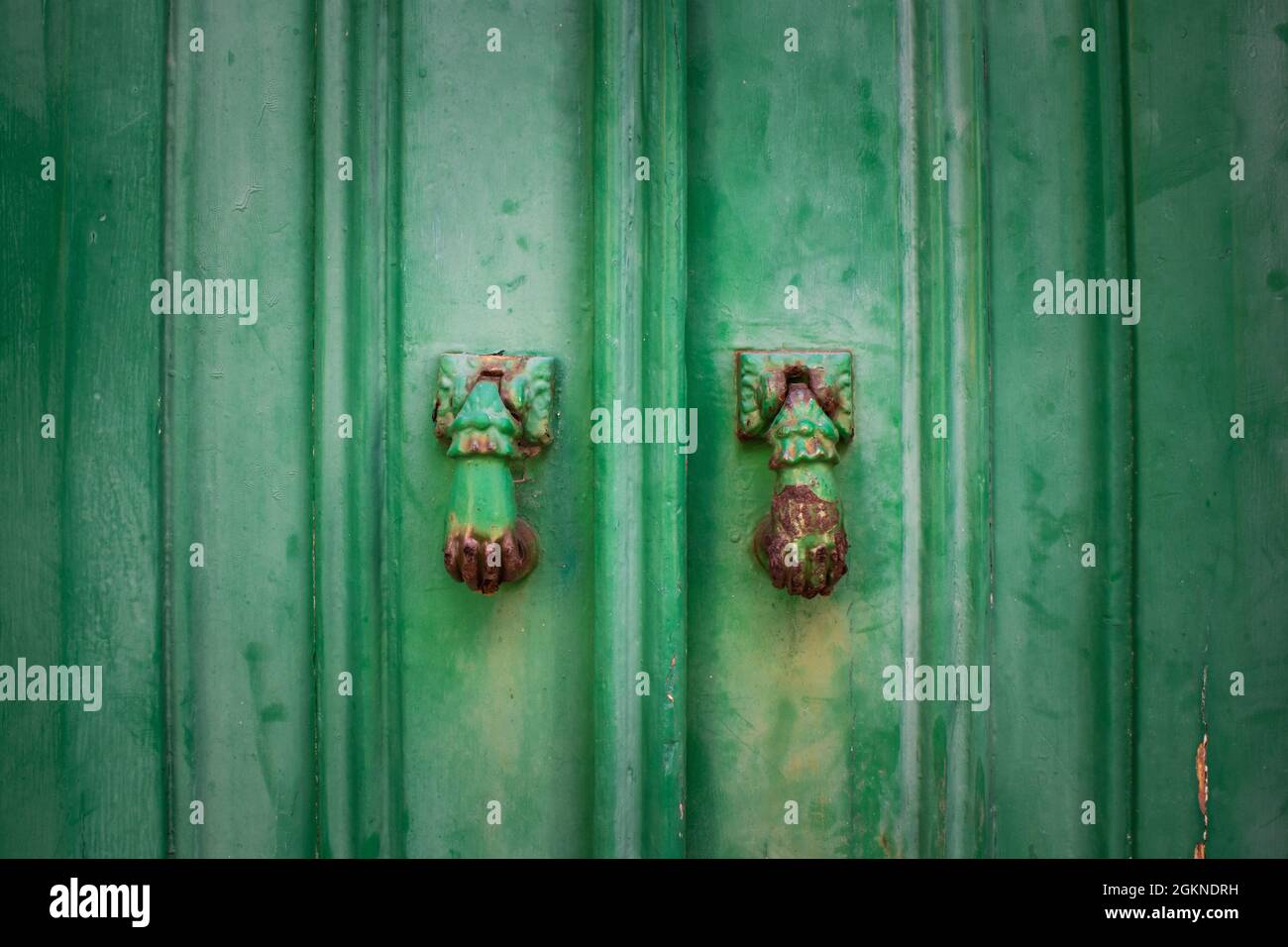 Dettaglio di due bussole porta a forma di mano di donna su una porta di legno verde d'epoca Foto Stock