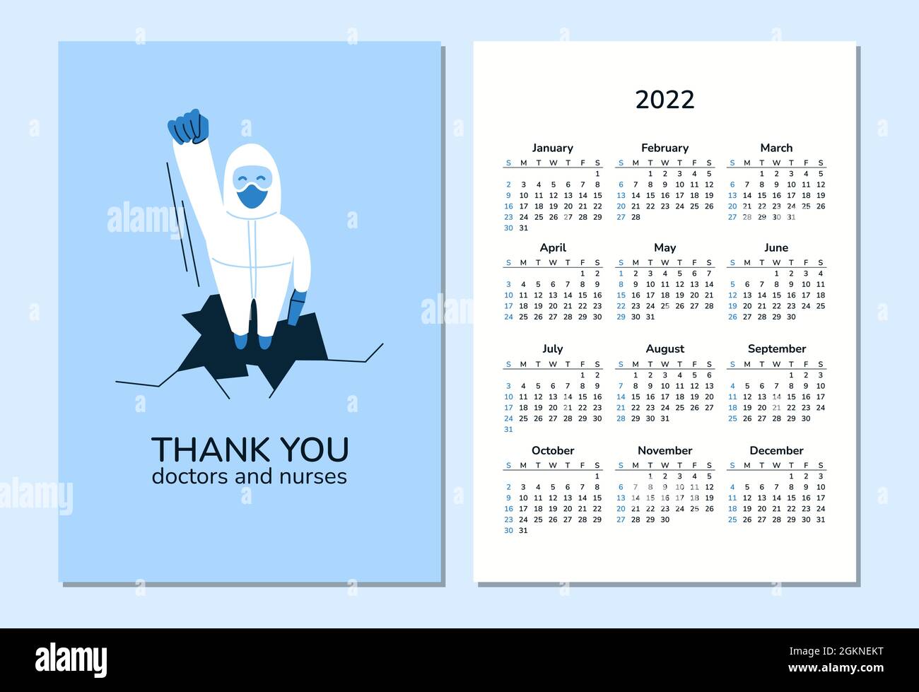 Calendario verticale 2022. Medici. Felice Anno Nuovo. La settimana inizia la domenica. Salute e sanità. Proteggere dal coronavirus. Combattere il virus. Infermiere medico in Illustrazione Vettoriale