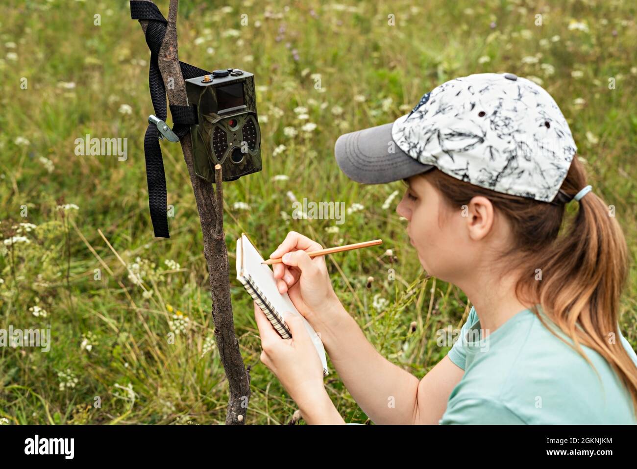 Giovane donna scienziata zoologo iscritto dati da trappola fotocamera a blocco note, osservando animali selvatici nella foresta taiga, monitoraggio di rari e pericolo Foto Stock