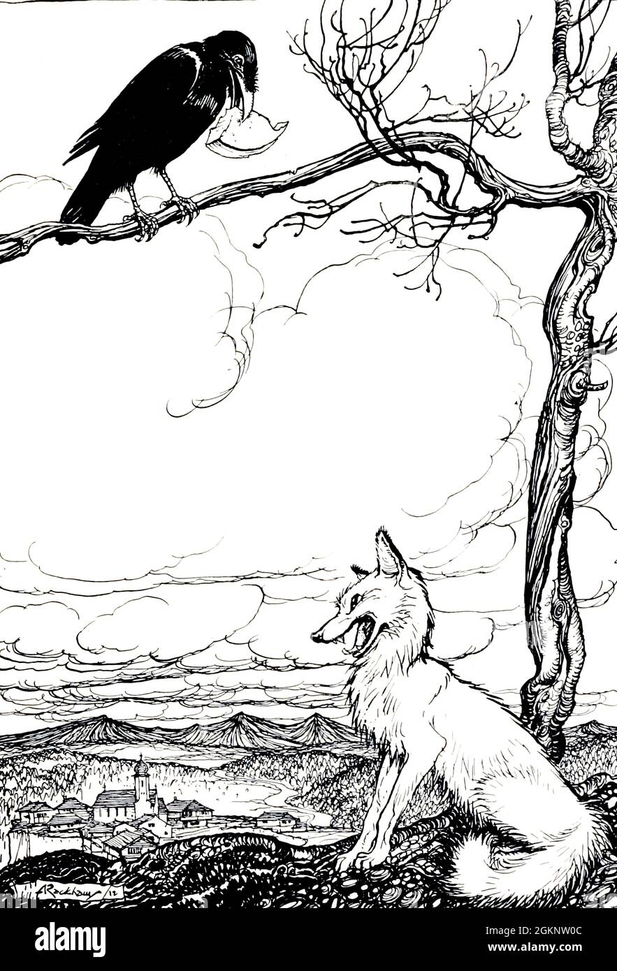 Le favole di The Fox and the Crow Aesop pubblicate nel 1912 a Londra da Heinemann e a New York da Page Doubleday illustrato da Arthur Rackham, Foto Stock