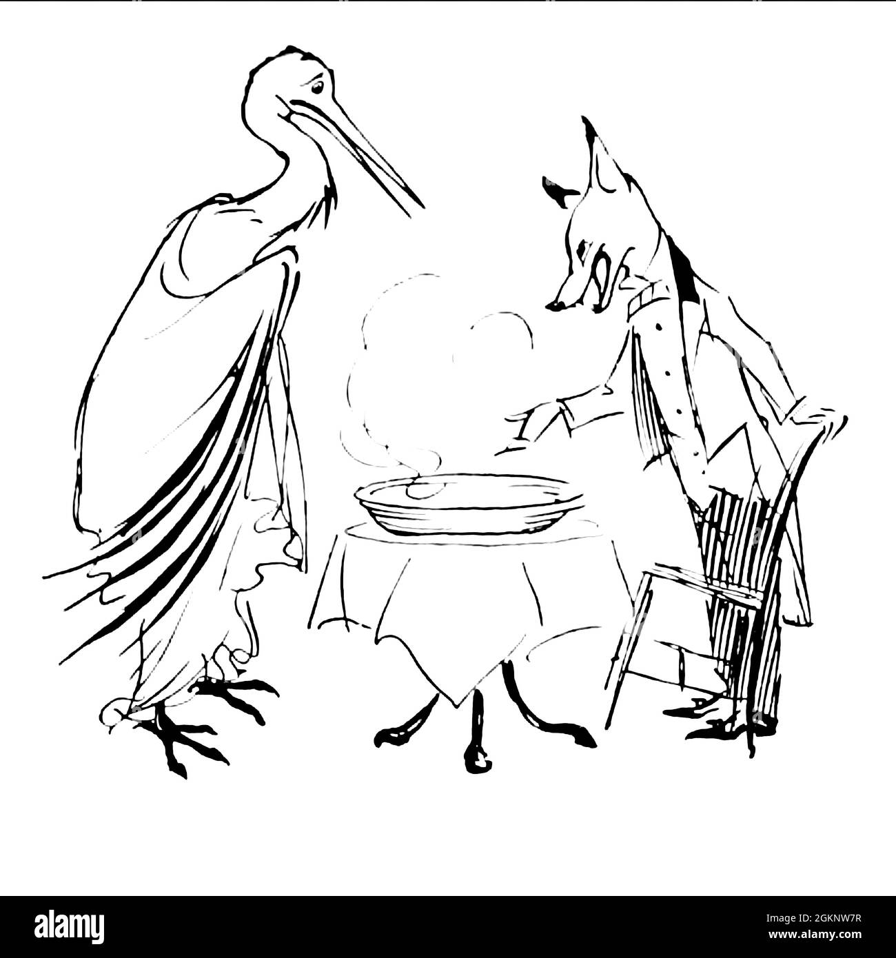 The Fox and the Stork dal libro " Aesop's Fables " pubblicato nel 1912 a Londra da Heinemann e a New York da Page Doubleday illustrato da Arthur Rackham, Foto Stock