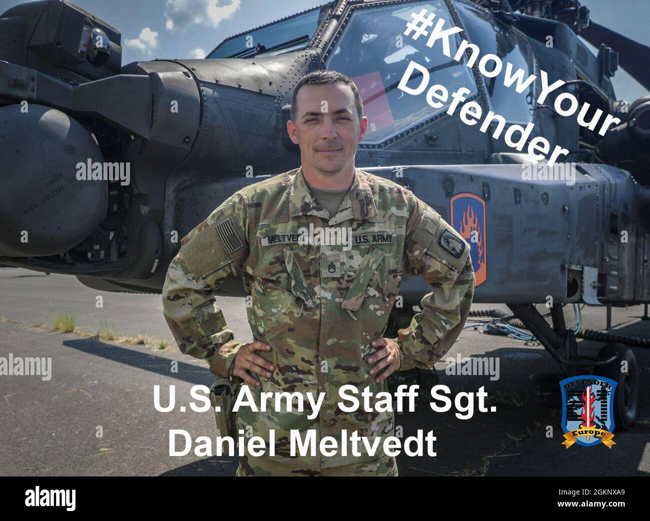 Incontra il personale dell'esercito Sgt. Daniel Meltvedt, un Apache Aviation Mechanic che supporta DefenderEurope 21. Dislocato a Katterbach, in Germania, con la dodicesima brigata dell'aviazione di combattimento, Meltvedt sostiene il Battaglione di attacco 1-3, in Ungheria. "Le due cose più in alto nella mia mente sono il compimento della missione e il benessere dei miei soldati, senza scuse." DEFENDER-Europe 21 è un'esercitazione guidata dall'esercito statunitense su larga scala progettata per costruire la disponibilità e l'interoperabilità tra gli Stati Uniti, gli alleati della NATO e i militari partner. Quest'anno, oltre 28,000 forze multinazionali provenienti da 26 nazioni converranno Foto Stock