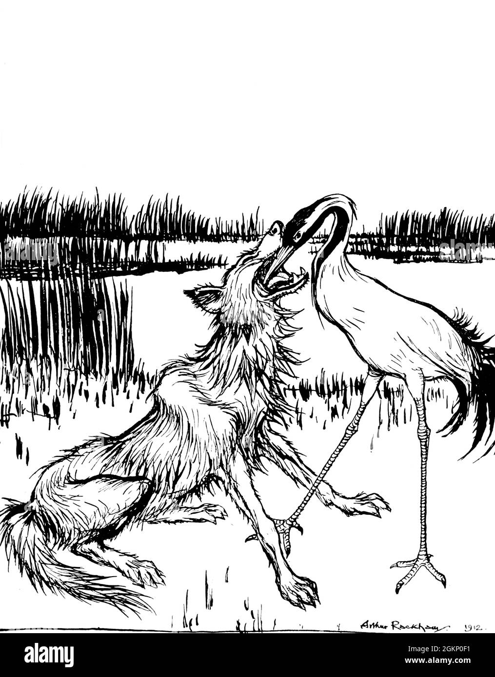 The Wolf and the Crane dal libro " Aesop's Fables " pubblicato nel 1912 a Londra da Heinemann e a New York da Page Doubleday illustrato da Arthur Rackham, Foto Stock