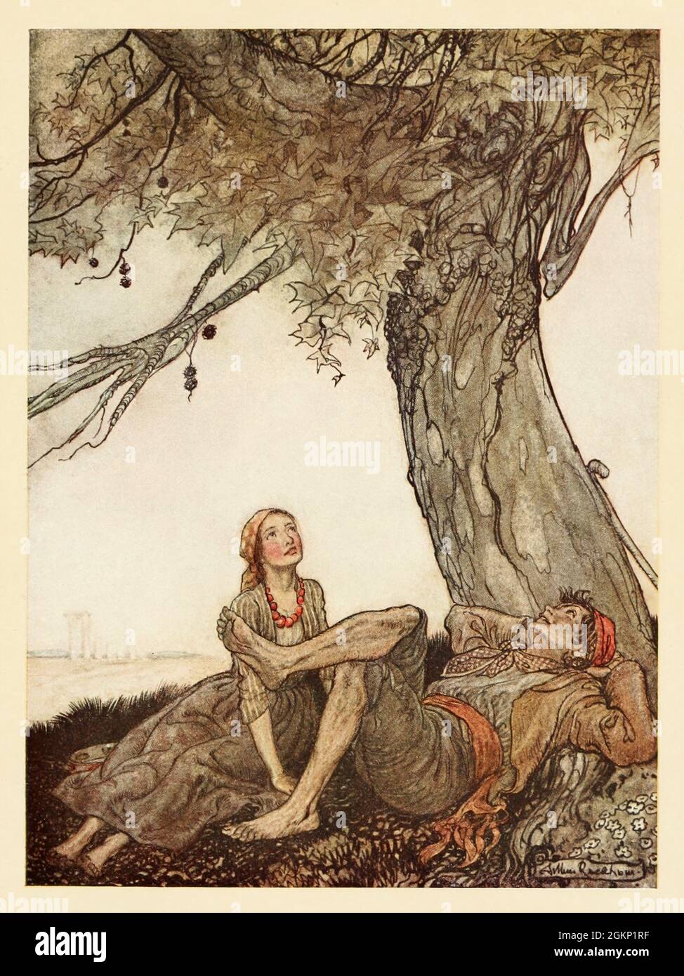 The Travellers and the Plane Tree dal libro " Aesop's favles " pubblicato nel 1912 a Londra da Heinemann e a New York da Page Doubleday illustrato da Arthur Rackham, Foto Stock
