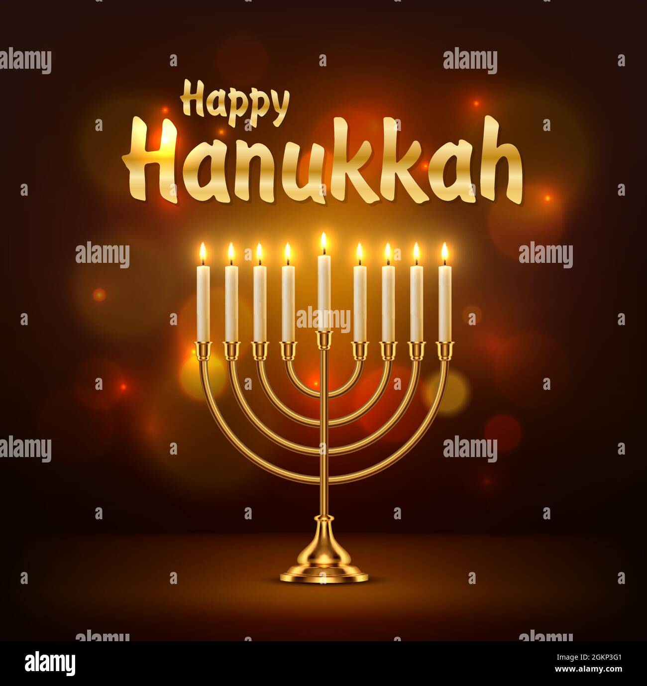 Happy Hanukkah vettore biglietto d'auguri con realistico menorah lampada ebraica con candele e scintille fiammeggianti. Giudaismo religione Festival di luci dorato CAN Illustrazione Vettoriale
