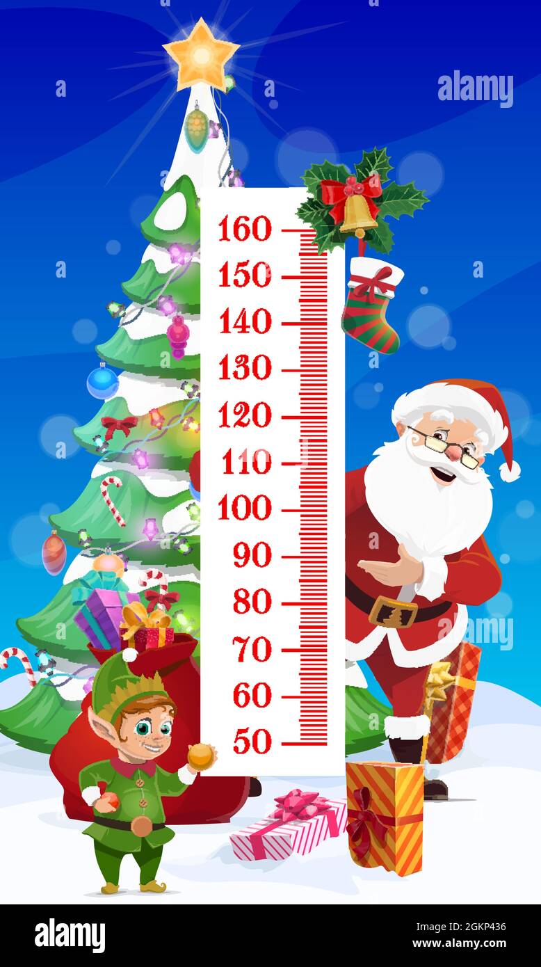 Tabella altezza bambini. Albero di Natale e Babbo Natale vignetta appicker  misuratore di crescita per bambini misurazione altezza con personaggi  cartoni animati elfo divertente e Babbo Natale, regali in scala e  decorazioni